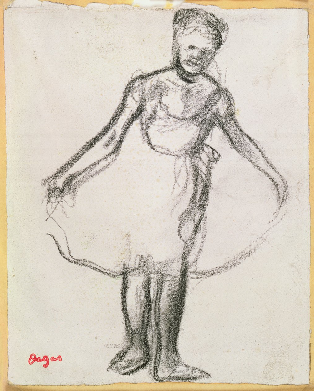 Stehende Tänzerin, die ein Tutu hält von Edgar Degas