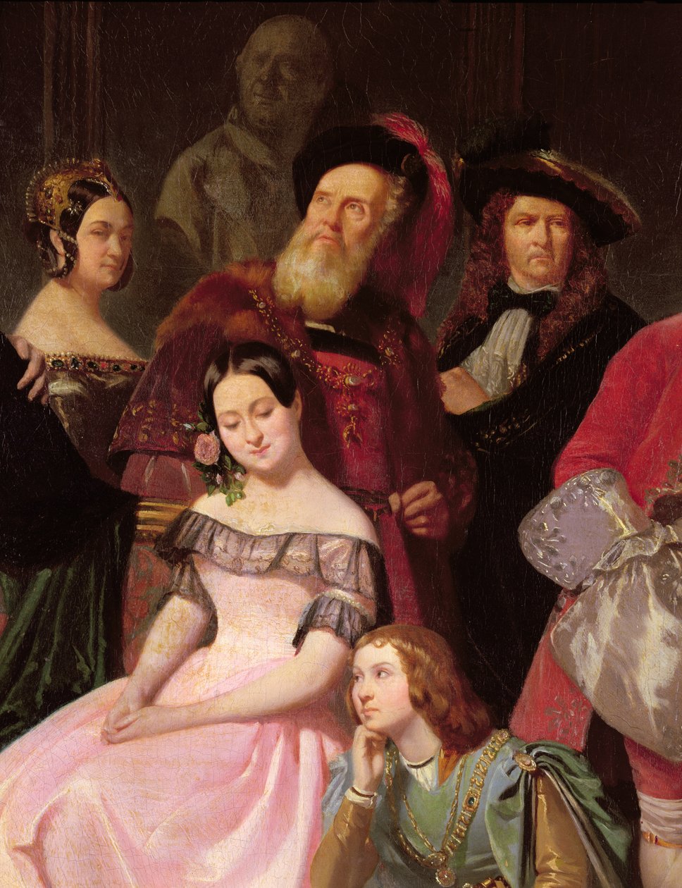 Mitglieder der Comedie-Francaise, L-R: Mlle Noblet, Mlle Plessis, Joanny (1775-1849) im Kostüm von Hernani, Mlle Anais, Perrier, im Jahr 1840 (Detail) von Edmond Aime Florentin Geffroy