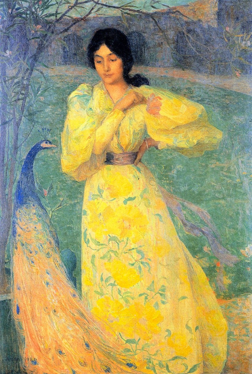 Junge Frau mit Pfau von Edmond Aman Jean