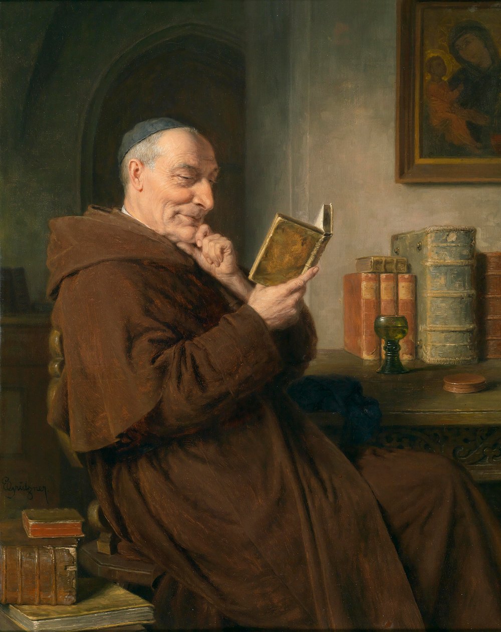 Lesender Mönch mit Weinglas von Eduard von Grutzner