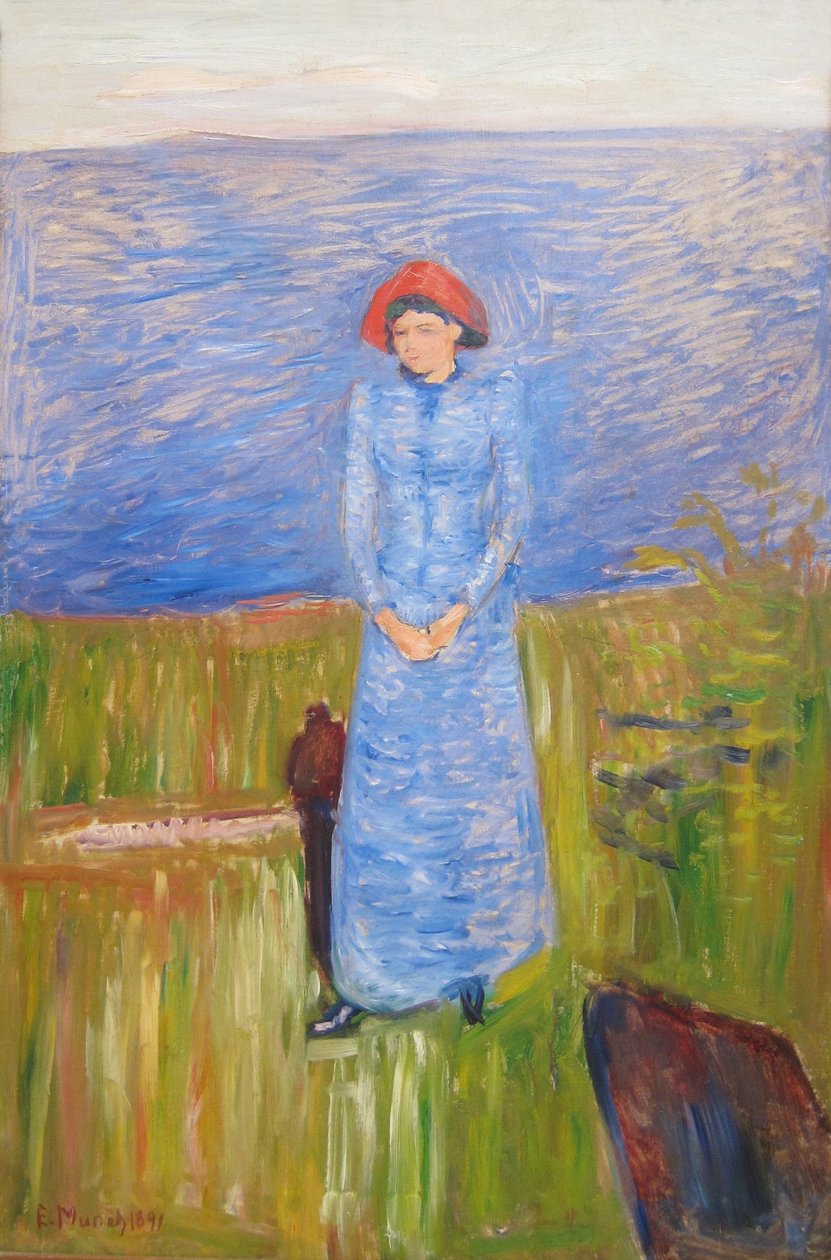 Frau in Blau vor blauem Wasser von Edvard Munch