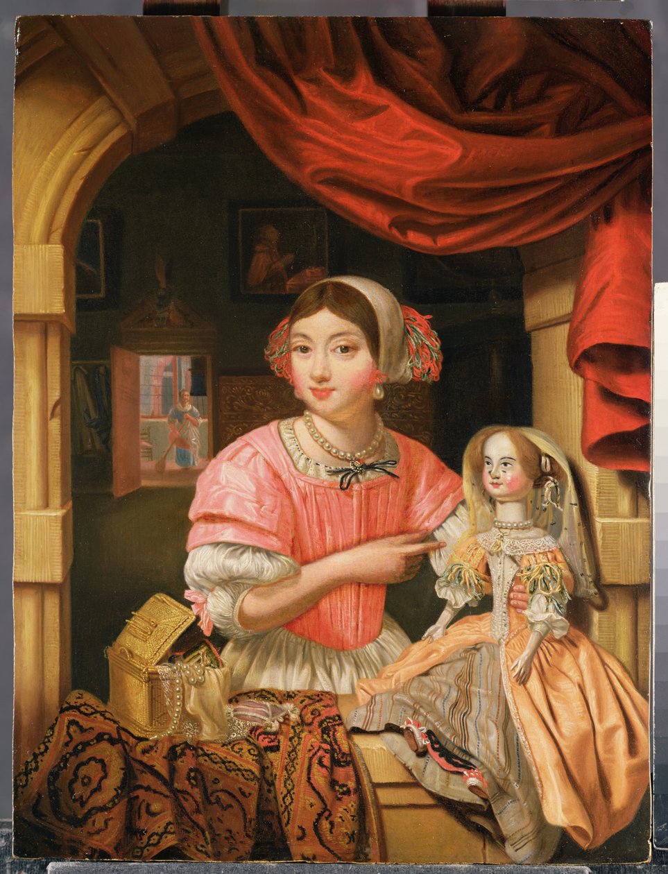 Mädchen hält eine Puppe in einem Innenraum mit einer Magd, die dahinter fegt von Edwaert Colyer or Collier
