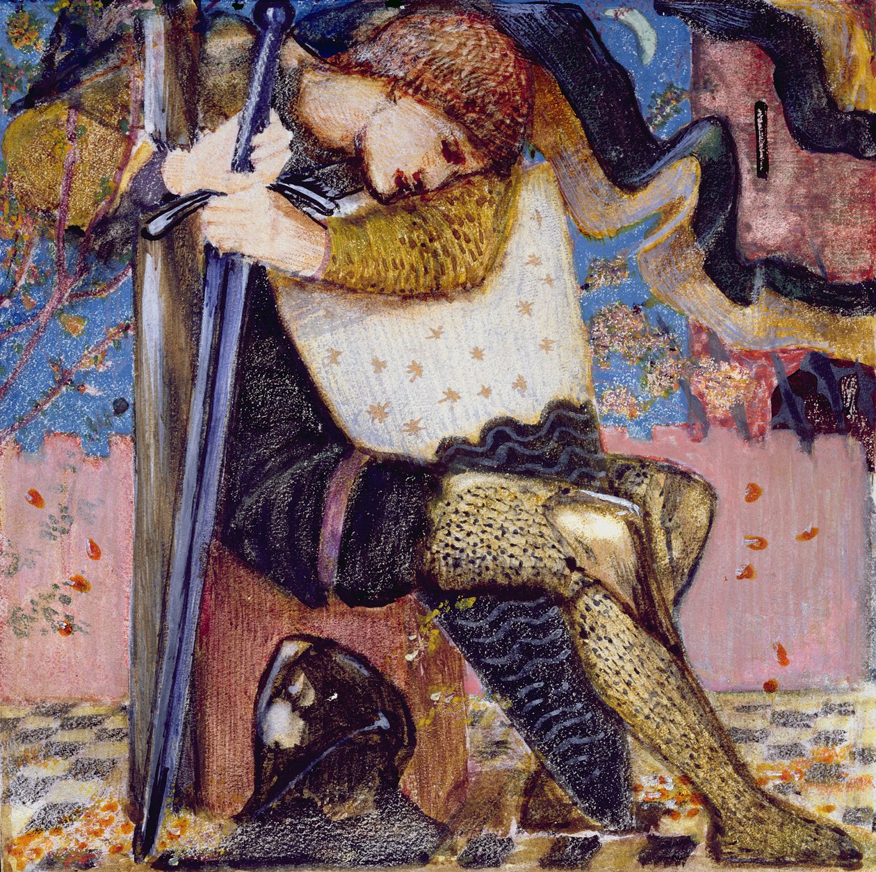 Arthur mit Excalibur (Gouache und Goldfarbe auf Pergament) von Edward Burne Jones