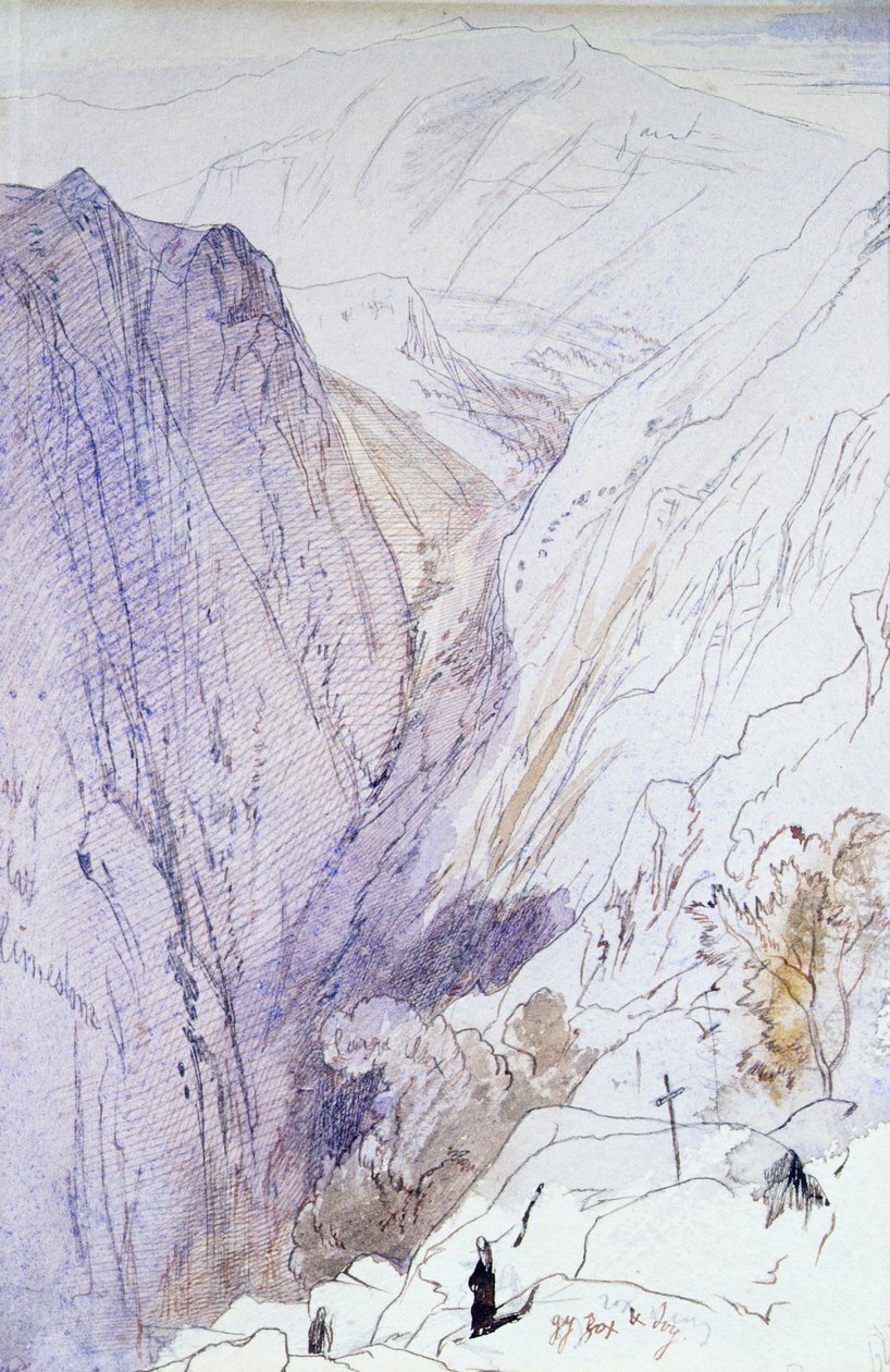 Athos mit Mönchen im Vordergrund, 1856 von Edward Lear
