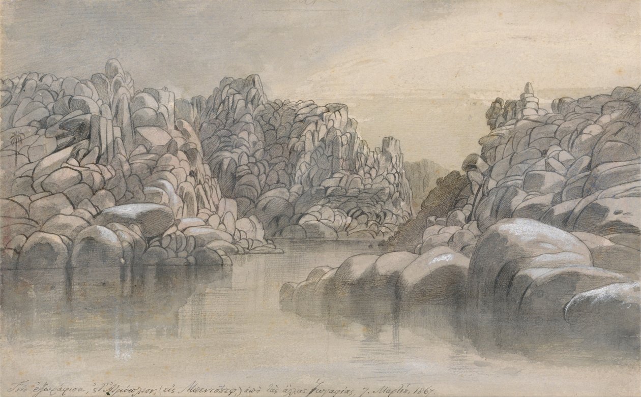 Flussdurchgang zwischen halb kahlen Felsklippen von Edward Lear