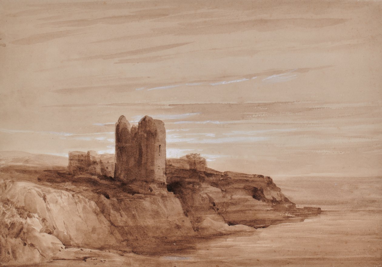 Meereslandschaft mit einem Turm auf einer Klippe von Edward Pretty