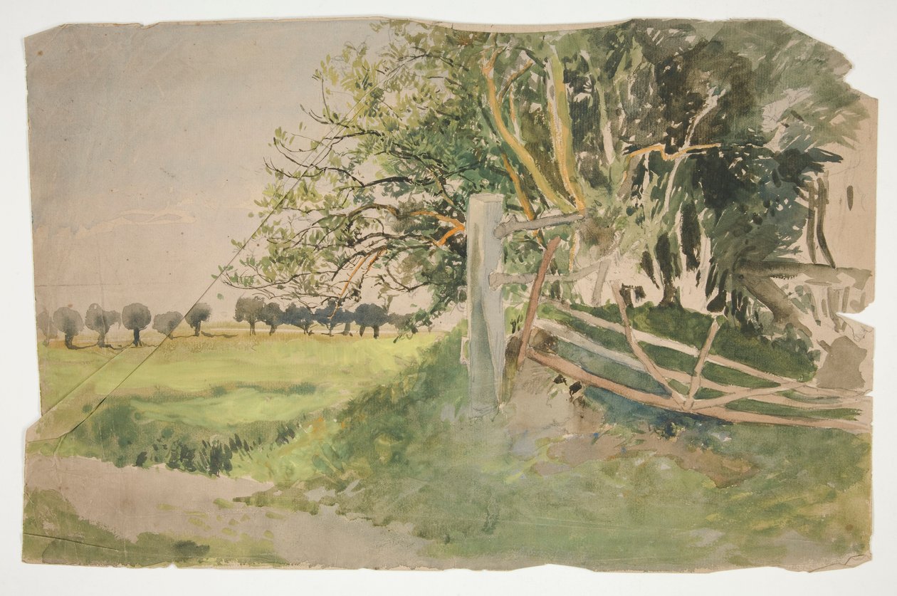 Landschaft mit Bäumen und kaputtem Zaun von Edwin Austin Abbey