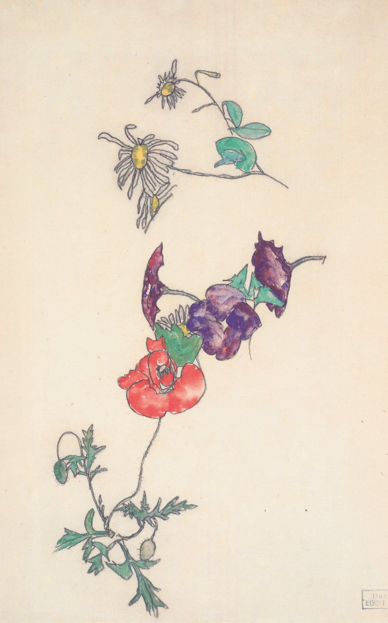 Margeriten, Wicke und Mohnblumen von Egon Schiele