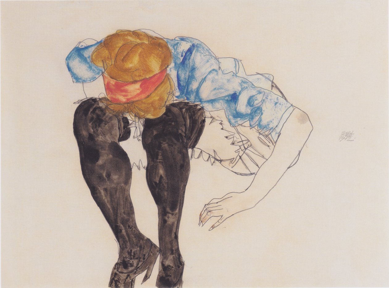 Blonde, vorgebeugt mit schwarzen Strümpfen von Egon Schiele