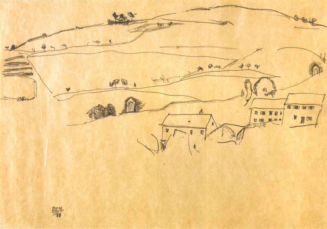 Häuser vor Anhöhe mit Kreuzwegstationen von Egon Schiele