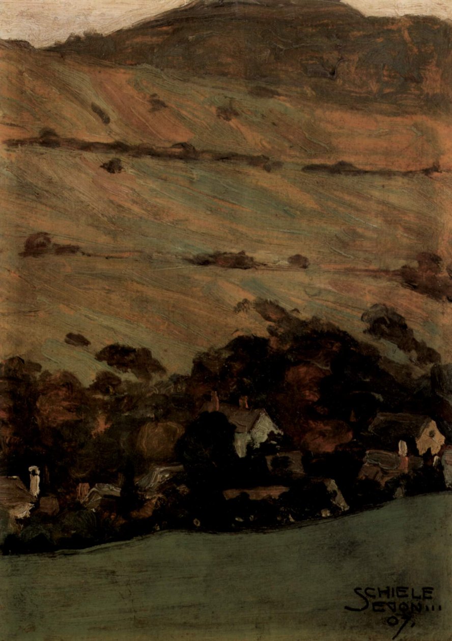 Häuser vor Berghang von Egon Schiele