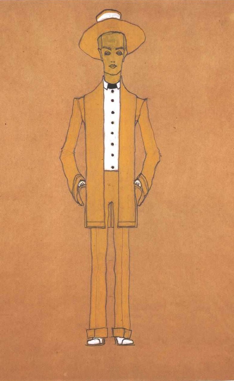 Modeentwurf gelber Straßenanzug von Egon Schiele