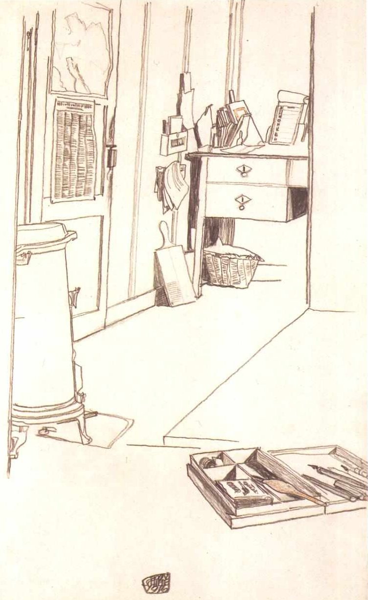 Schreibstube im Kriegsgefangenenlager Mühling von Egon Schiele
