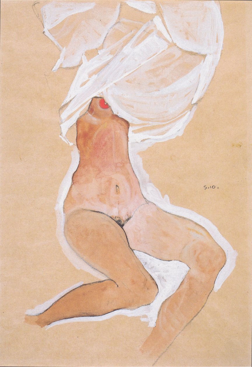 Sitzender Mädchenakt mit Hemd über dem Kopf von Egon Schiele