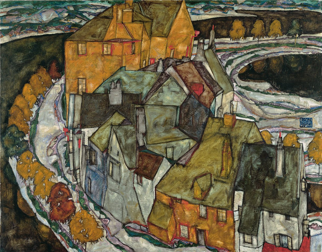 Halbmond von Häusern II Inselstadt, 1915 von Egon Schiele