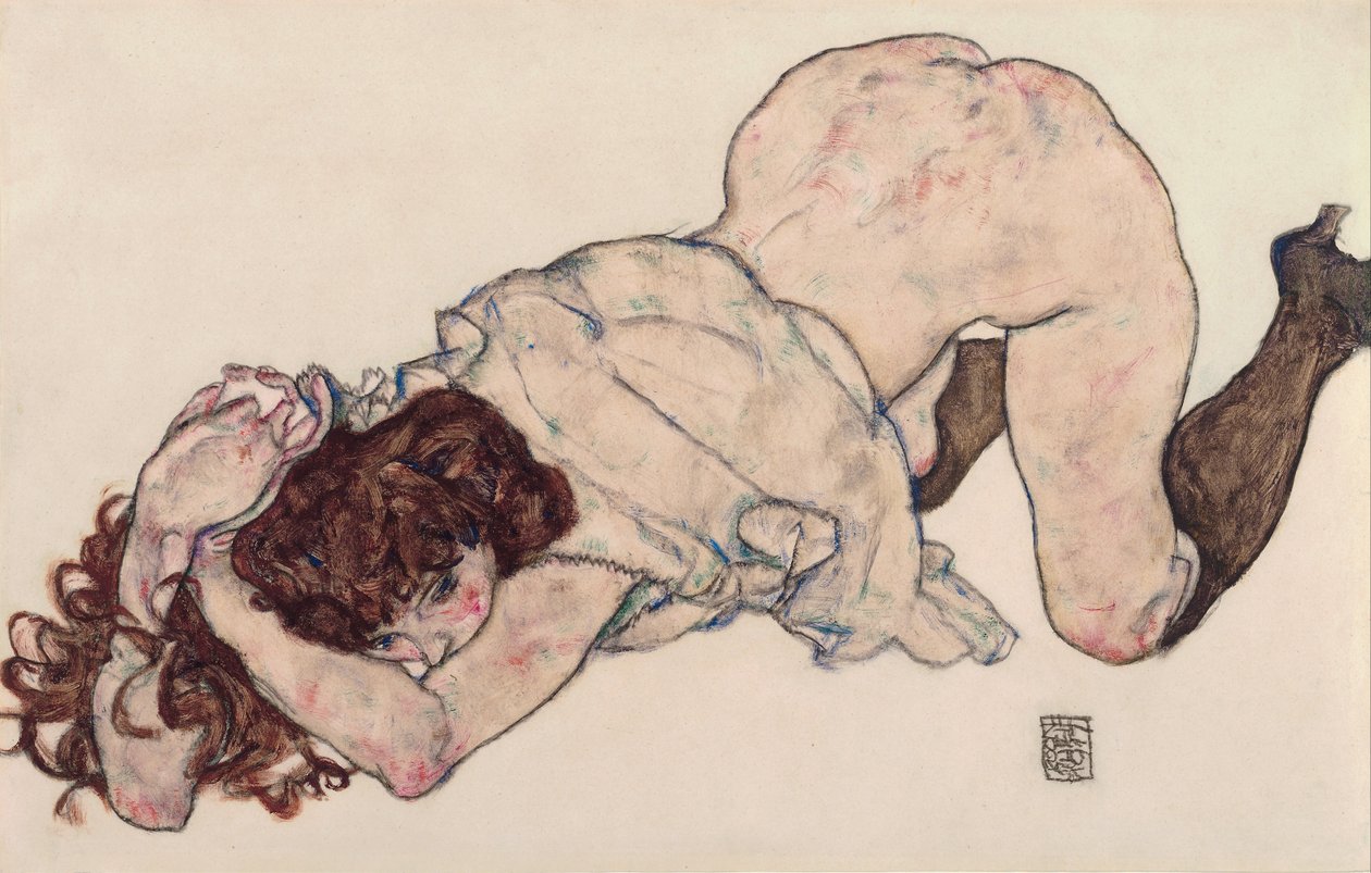 Kniendes Mädchen, auf beiden Ellbogen ruhend von Egon Schiele