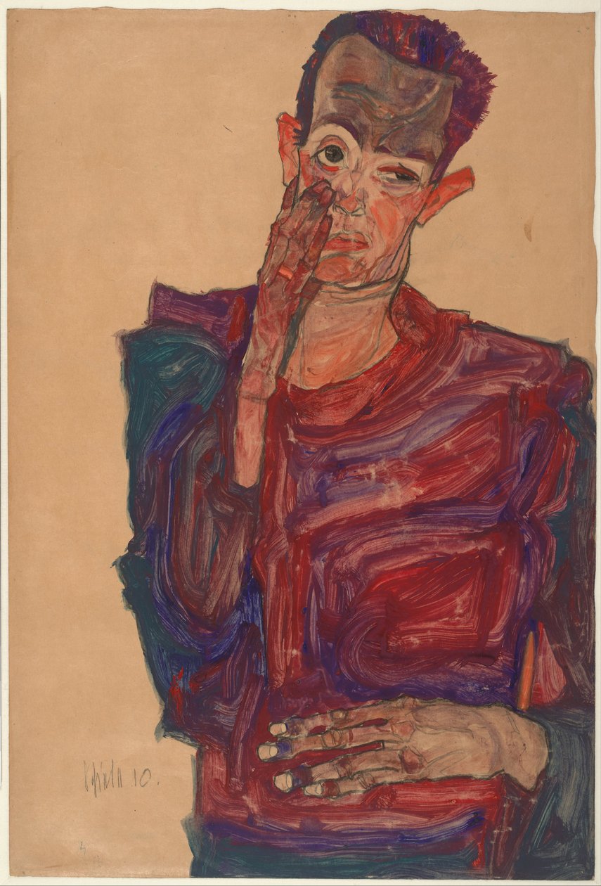 Selbstporträt mit heruntergezogenem Augenlid, 1910 von Egon Schiele