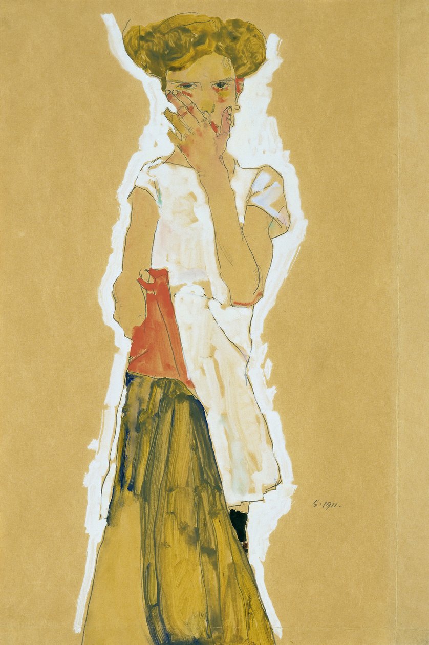 Stehendes Mädchen im weißen Unterrock von Egon Schiele