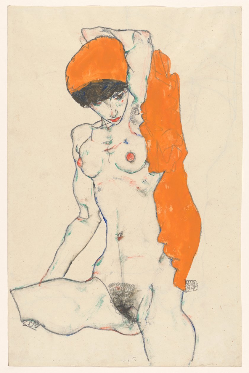 Stehender Akt mit orangefarbenem Tuch, 1914 von Egon Schiele