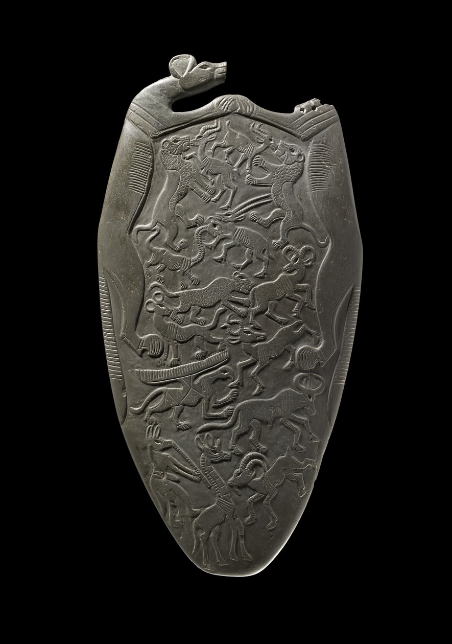 Zeremonielle Palette mit Tieren, einige im Kampf, einige tanzen zur Musik eines schakalähnlichen Flötisten, aus dem Hauptdepot, Hierakonpolis, ca. 3000 v. Chr. (Schiefer) von Egyptian
