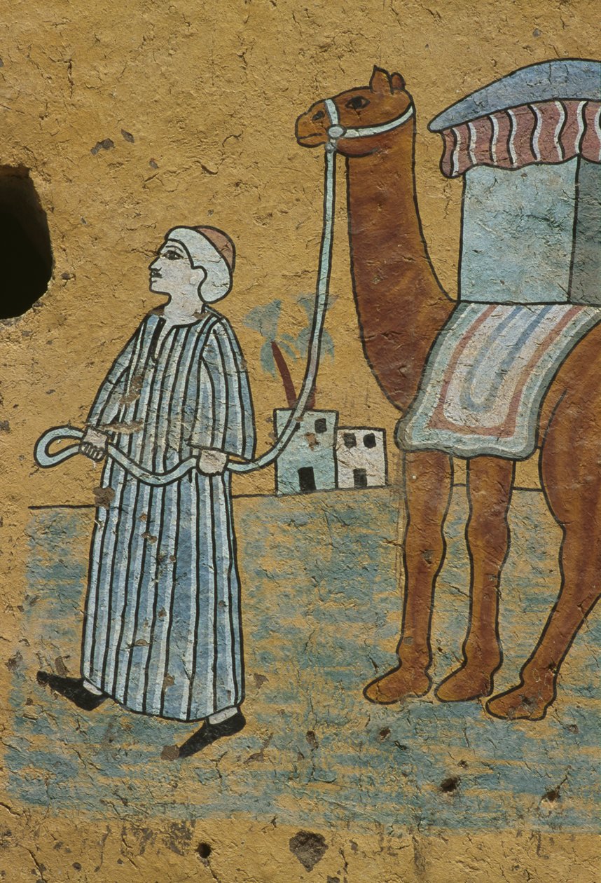 Gemalte Wand, die einen Mann mit einem Kamel darstellt von Egyptian