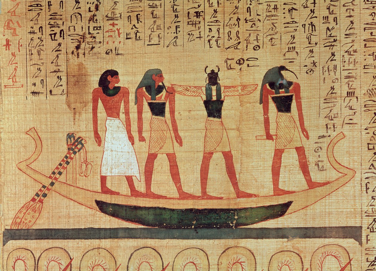Papyrus, der einen Mann zeigt, der von Thoth, Khepri und einem anderen Gott auf einer Barke ins Jenseits transportiert wird von Egyptian