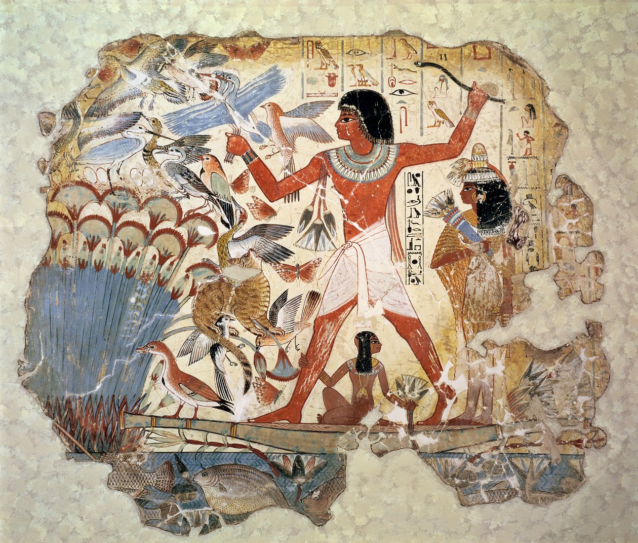 Nebamun jagt in den Sümpfen mit seiner Frau und Tochter, Teil einer Wandmalerei aus der Grabkapelle von Nebamun, Theben, Neues Reich, ca. 1350 v. Chr. von Egyptian 18th Dynasty