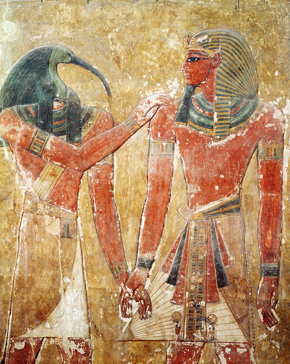 Der Gott Thoth mit Seti I (1394-1279 v. Chr.) im Grab von Seti I, Neues Reich von Egyptian 19th Dynasty