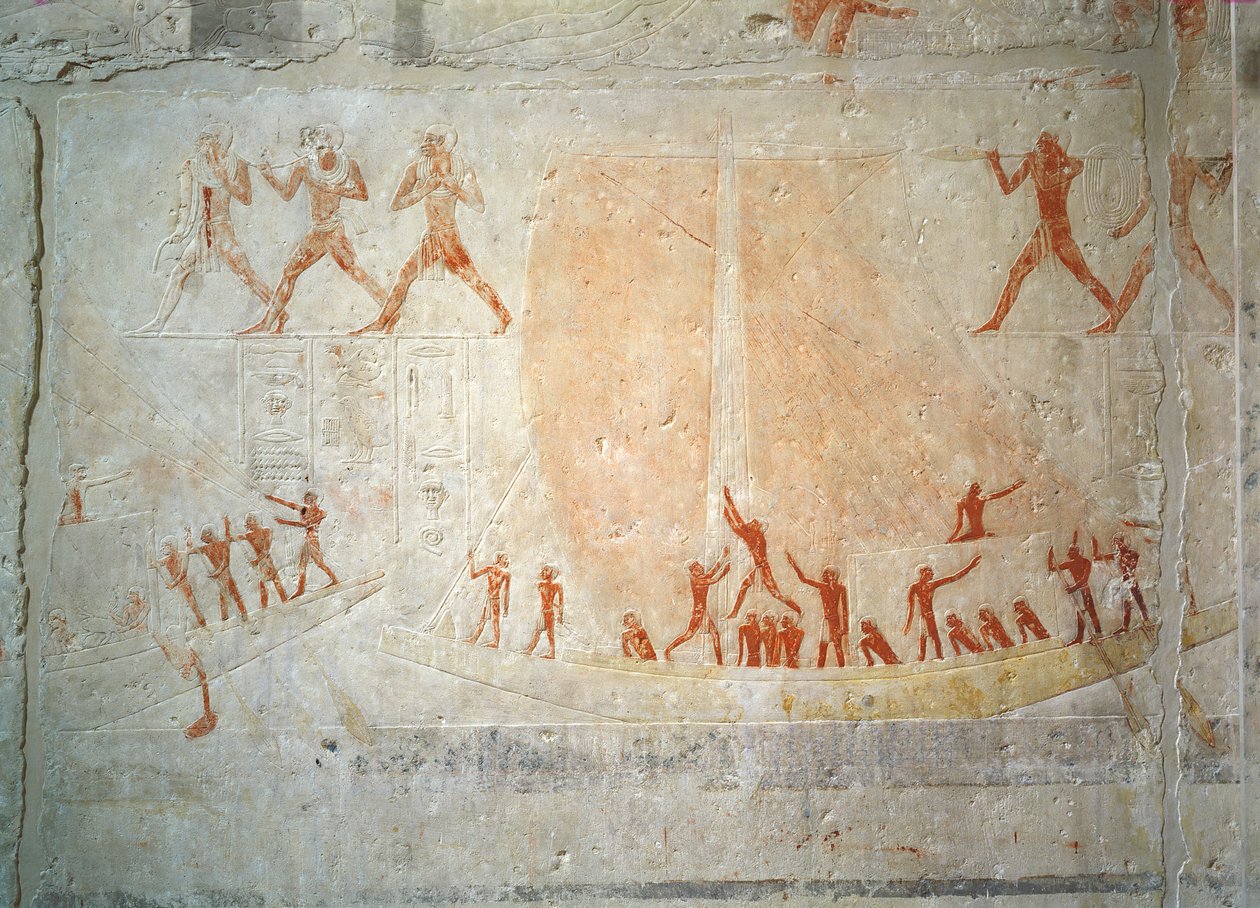 Relief aus der Mastaba von Akhethotep, das Bootfahren darstellt, aus Saqqara, Altes Reich von Egyptian 5th Dynasty