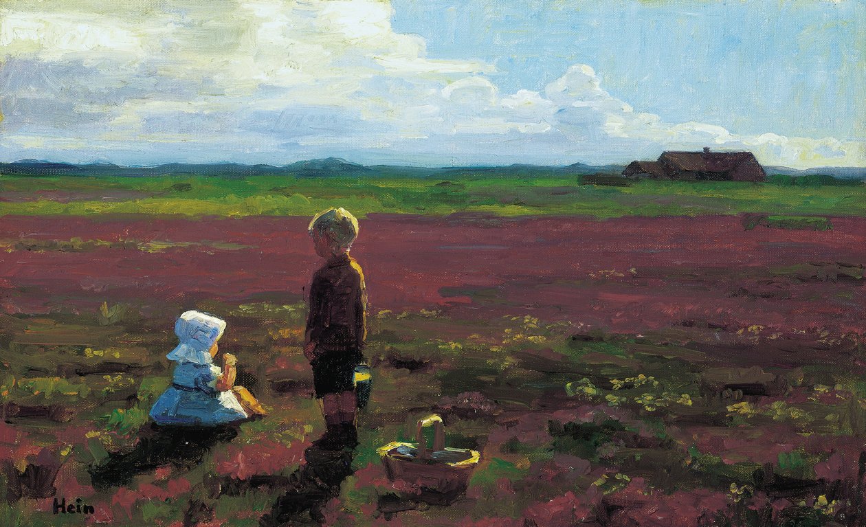 Kinder, die Beeren auf der Heide pflücken von Einar Hein