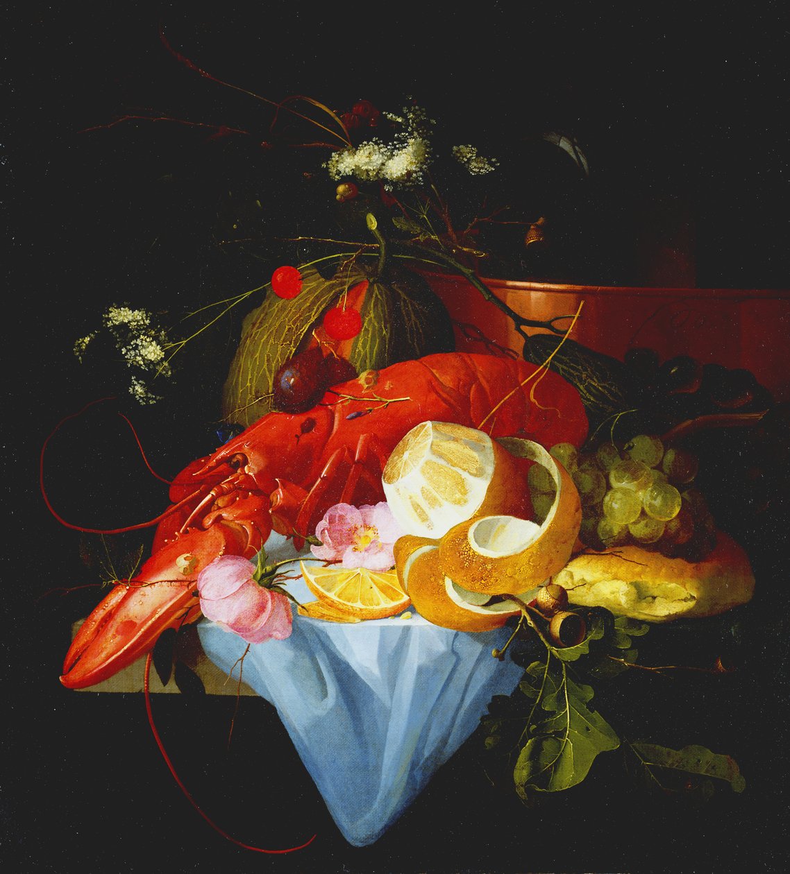 Stillleben mit Hummer, Zitrone und Trauben von Elias van den Broeck