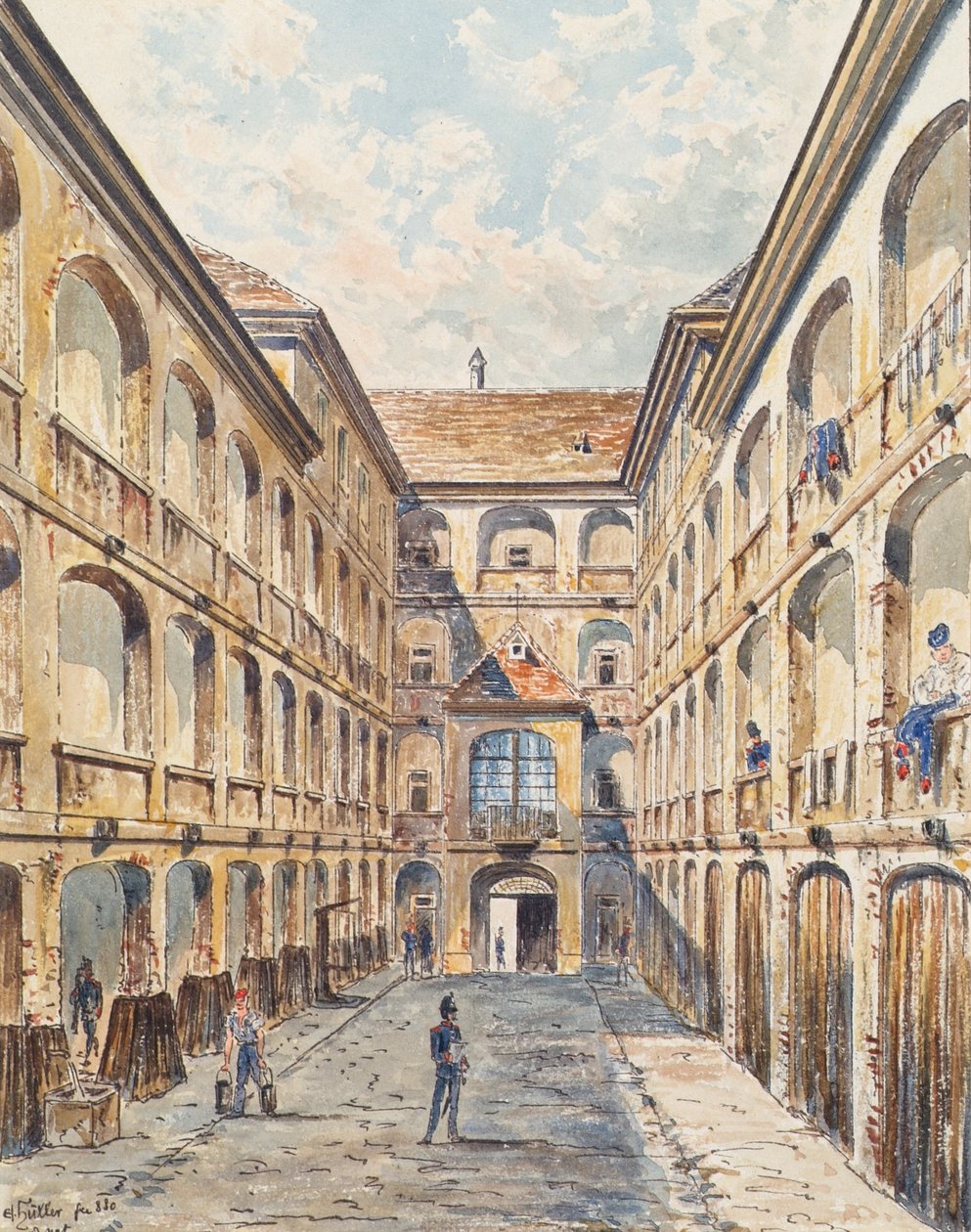 Der erste Hof der Salzgries-Kaserne in Wien von Emil Hütter