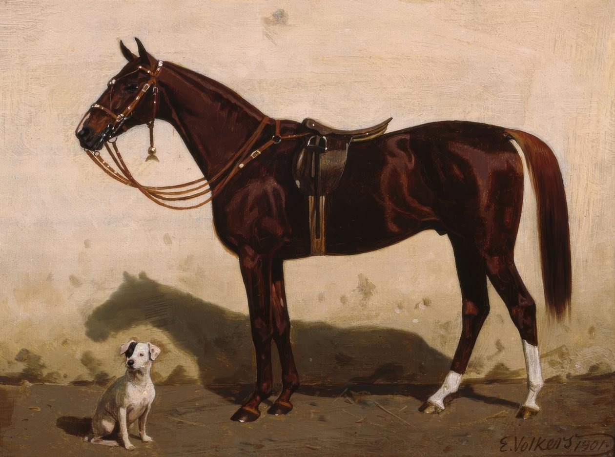 Gesattelter Fuchs mit Hund von Emil Volkers