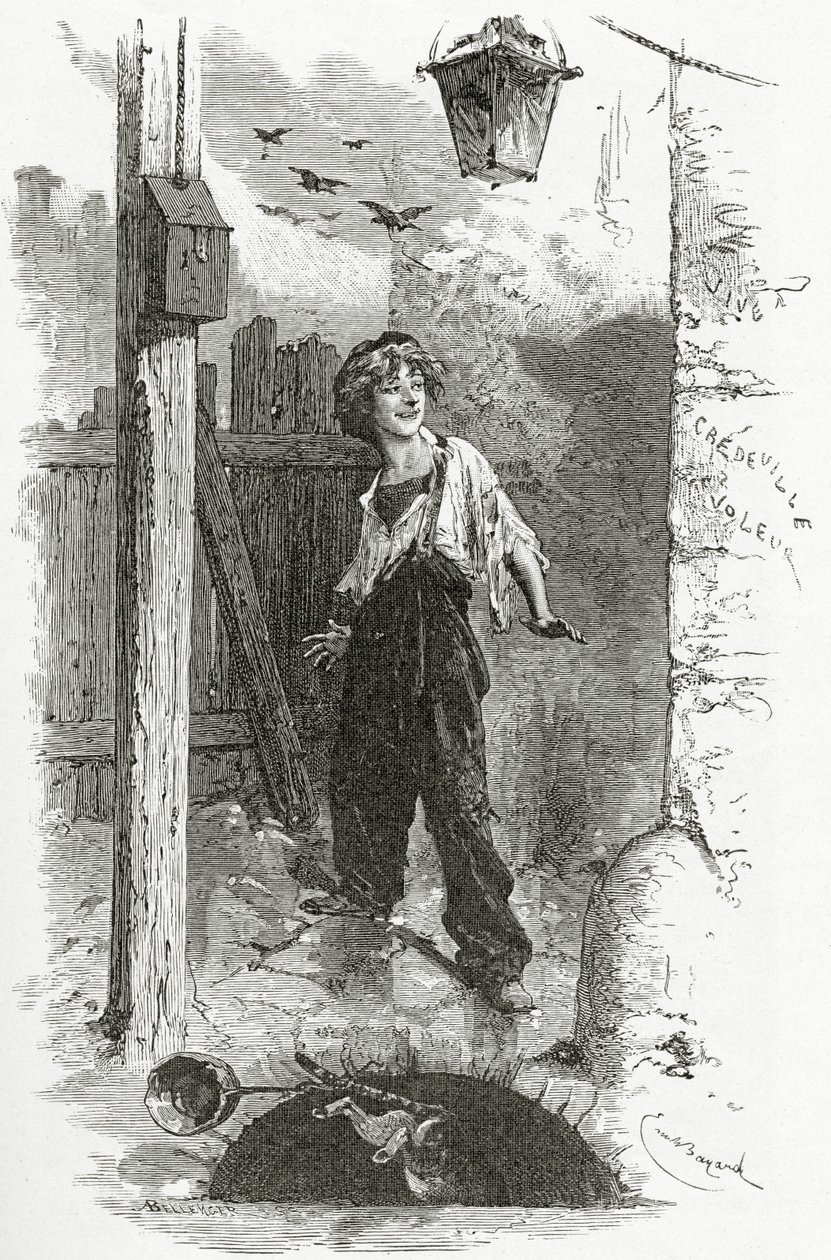 Gavroche, 19. Jahrhundert (bw Gravur) von Emile Antoine Bayard