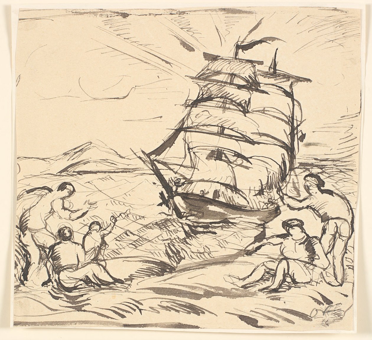 Küstenlandschaft mit Segelschiff und gestikulierenden Figuren von Emile Othon Friesz