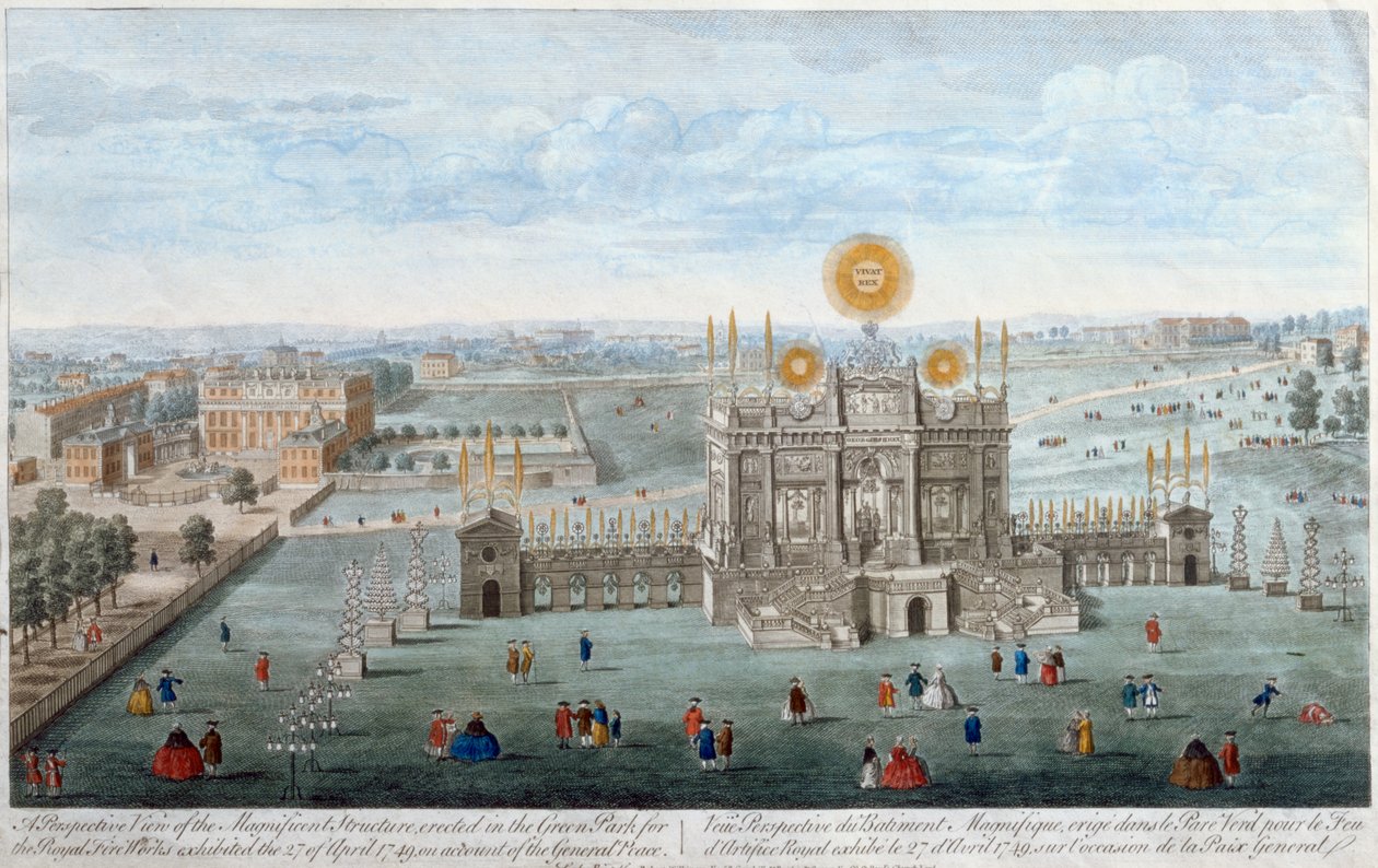 Perspektivische Ansicht der prächtigen Struktur im Green Park für das königliche Feuerwerk, veröffentlicht von Robert Wilkinson, 1749 von English School