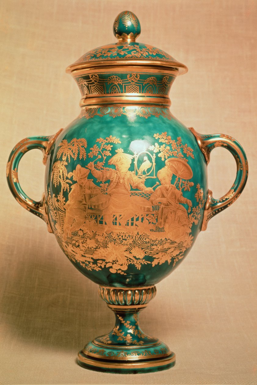 Chelsea-Vase und Deckel mit vergoldetem Chinoiserie-Design, Gold Anchor Periode (1758-69) von English School