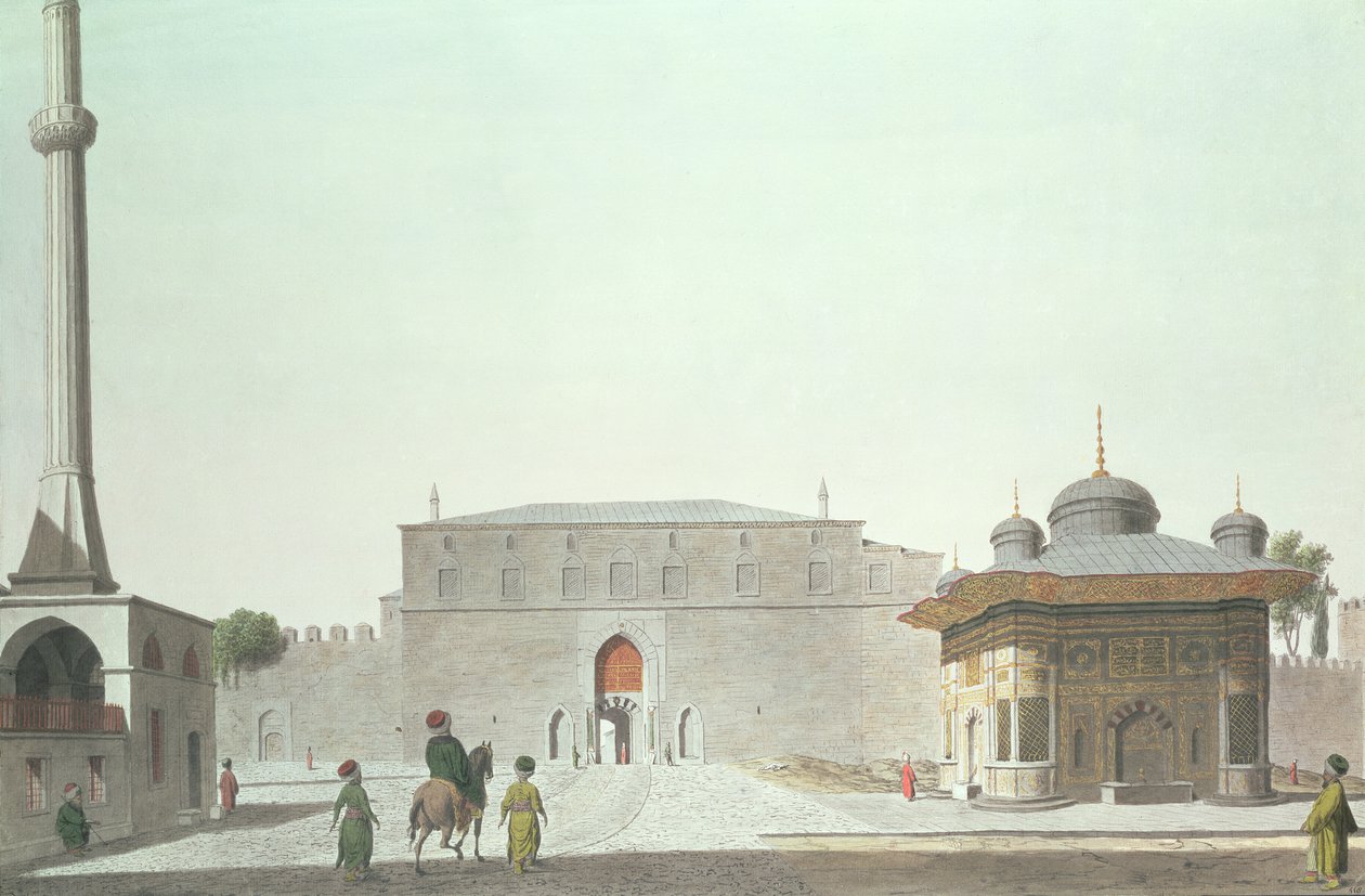 Konstantinopel: Haghia-Sophia-Platz mit dem Brunnen und dem kaiserlichen Tor des alten Serails (Topkapi-Palast) von English School