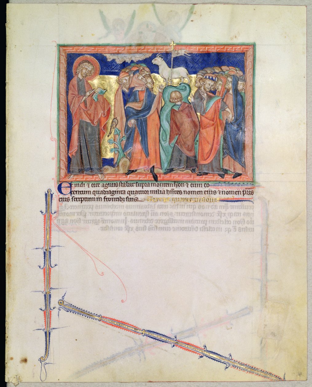 St. Johannes der Evangelist beobachtet, wie hundertvierundvierzigtausend das Lamm auf dem Berg Zion anbeten, aus der Gulbenkian-Apokalypse, ca. 1265-70 von English School