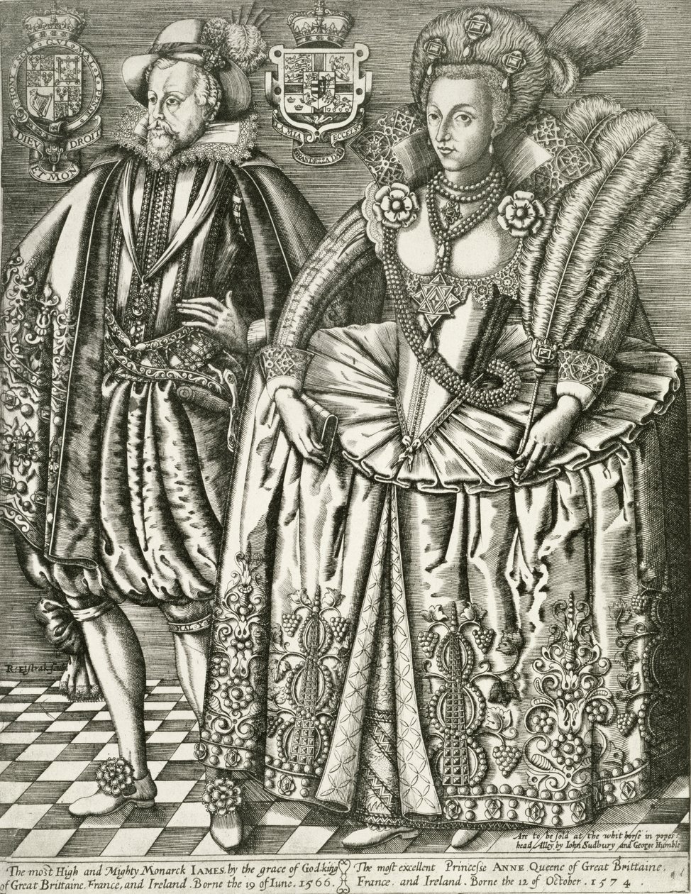 Porträt von James I (1566-1625) und Anne von Dänemark (1574-1619), Titelblatt aus dem Book of Kings, graviert von Renold Elstrack (1571-c.1630) 1618 von English School