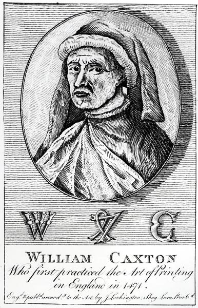 Porträt von William Caxton und sein Druckerzeichen von English School