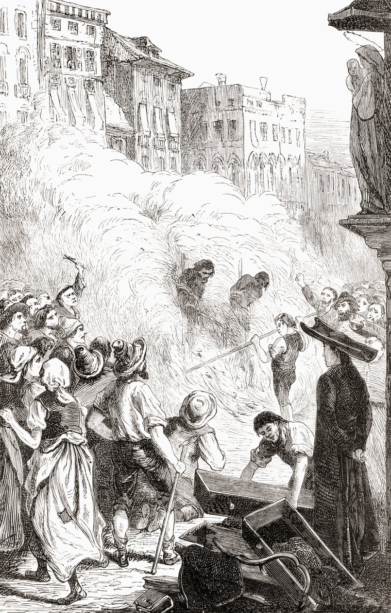 Das Massaker an Protestanten in Barletta, Italien (Holzstich) von English School
