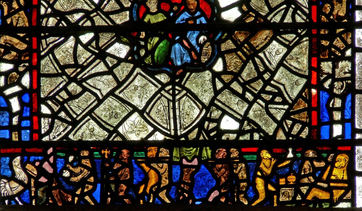 Fenster w40 mit einer Randtafel mit dem Affenbegräbnis von English School