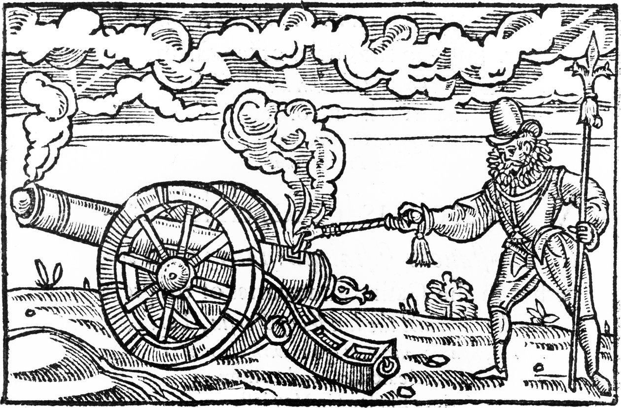 Ein Pikenier zündet eine Kanone an von English School
