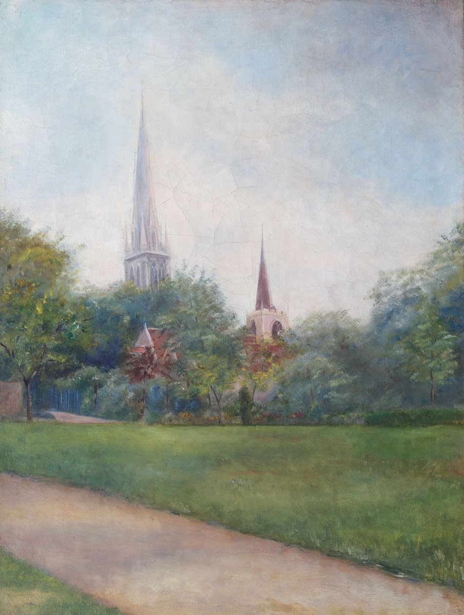 Landschaft mit Kirchen im Hintergrund von English School