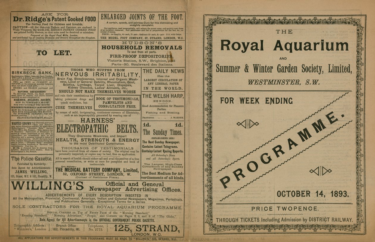 Programm der Veranstaltungen im Royal Aquarium von English School