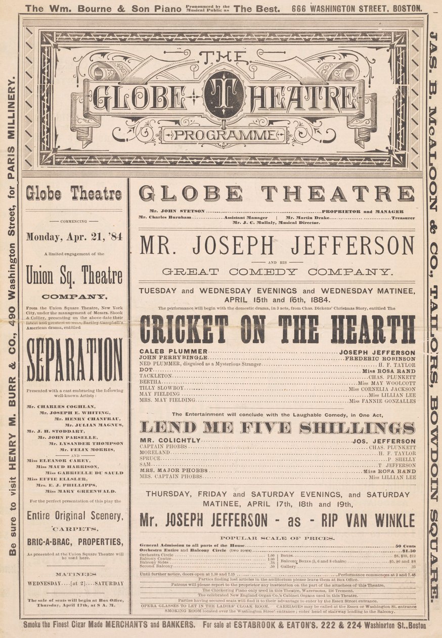 Das Globe Theatre Programm, 21. April 1884 von English School