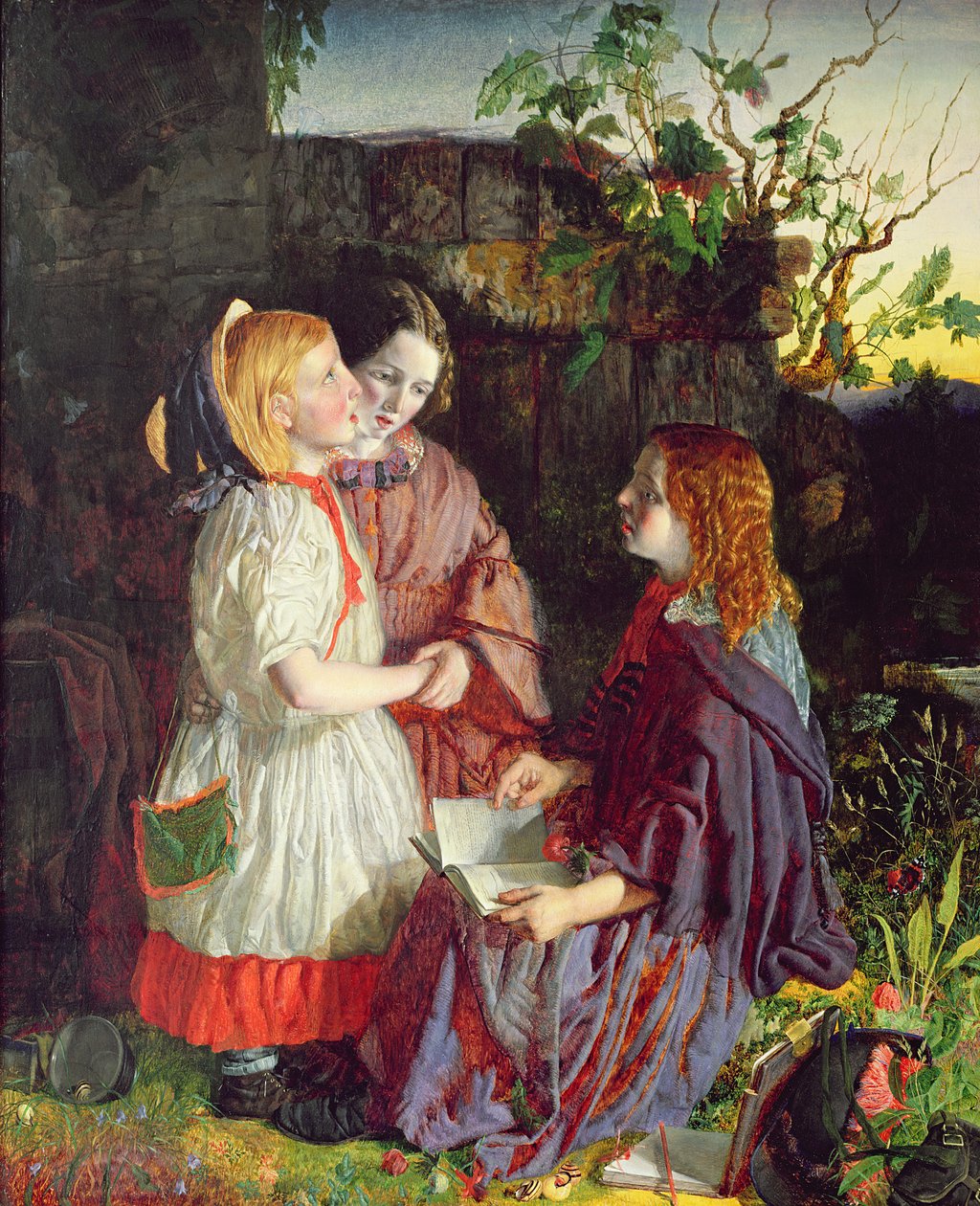 Drei junge Mädchen in einer Landschaft, ca. 1860 von English School