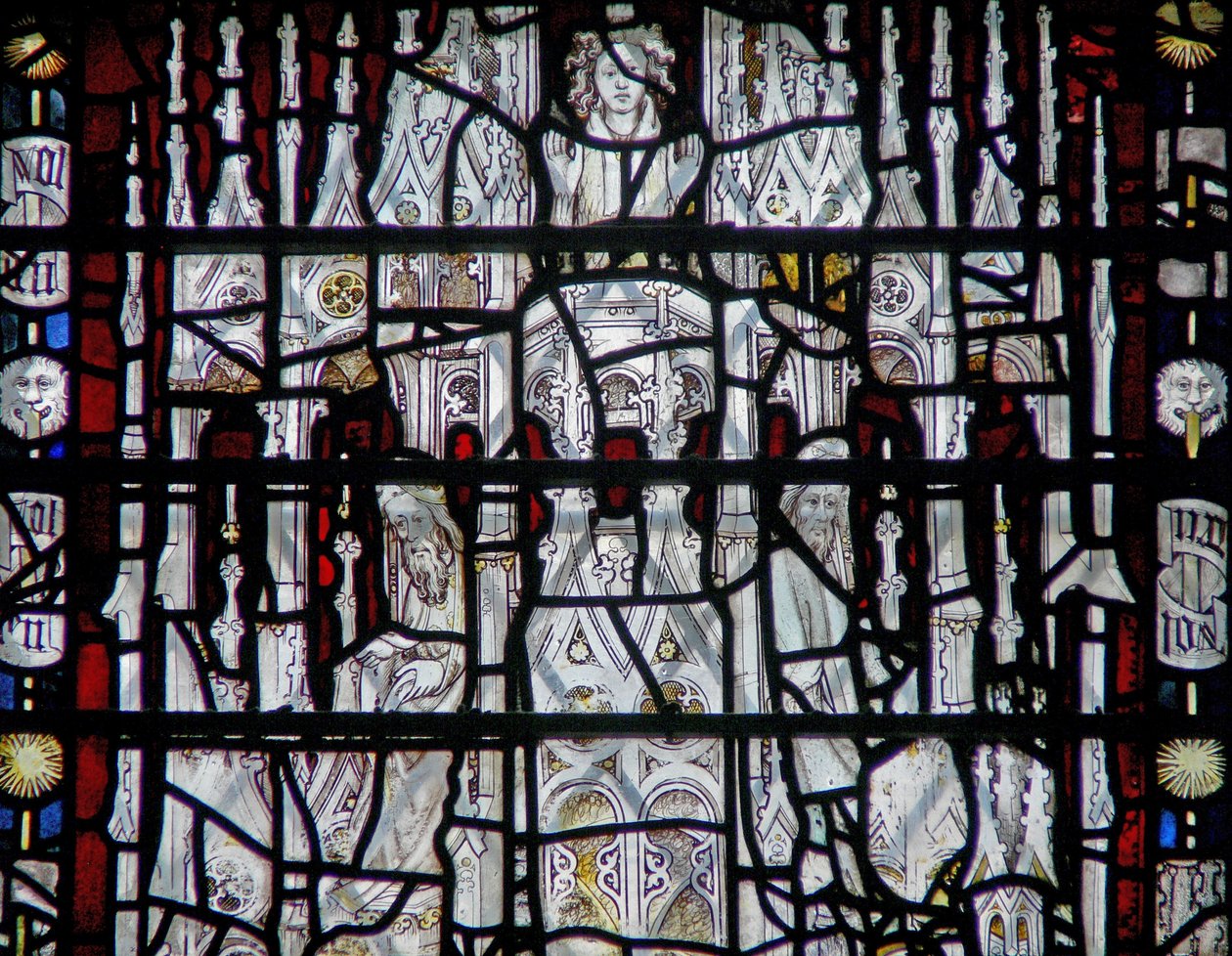 Fenster w6, Baldachin mit Figuren darstellend von English School