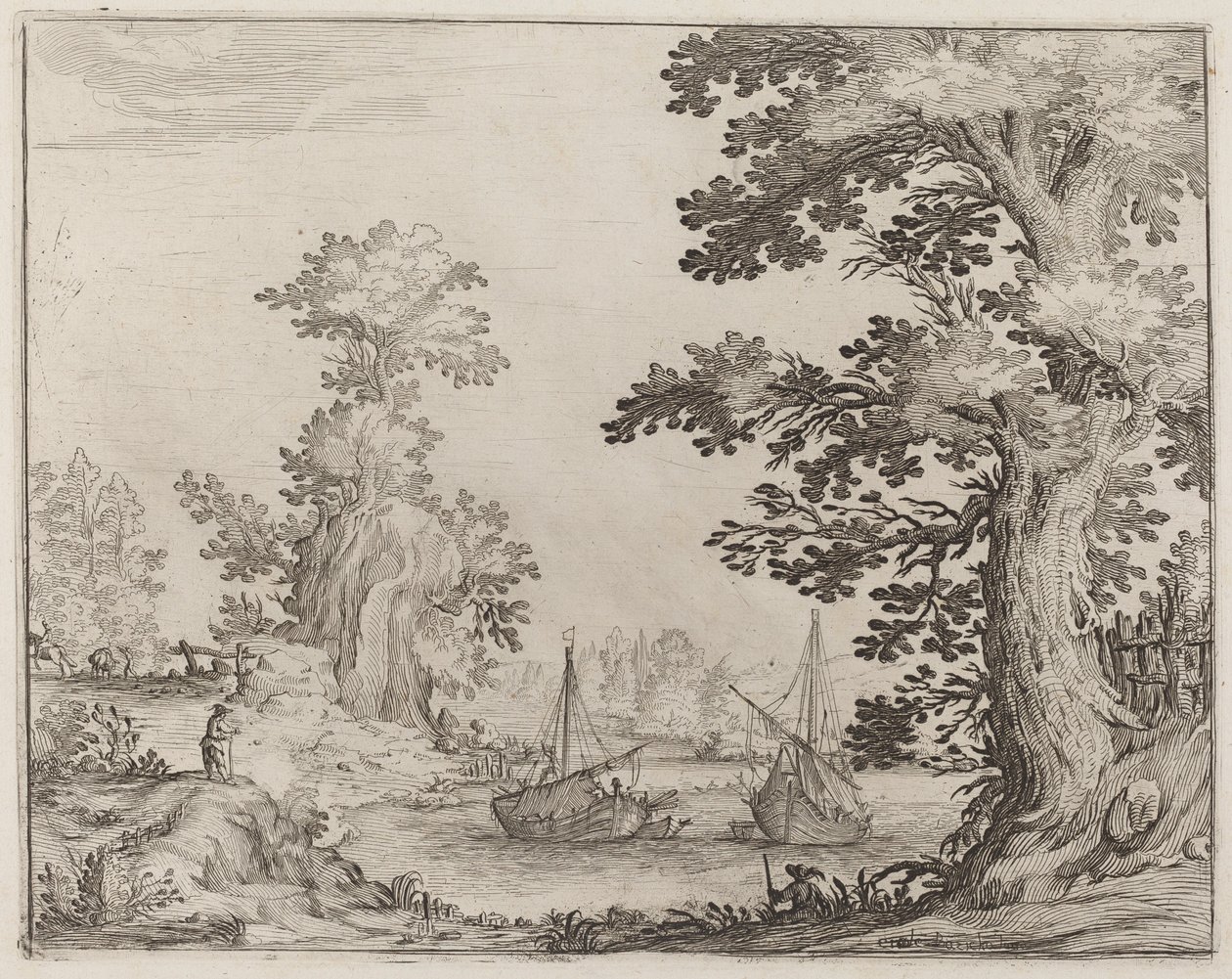 Landschaft und Fluss mit verankerten Schiffen von Ercole Bazicaluva